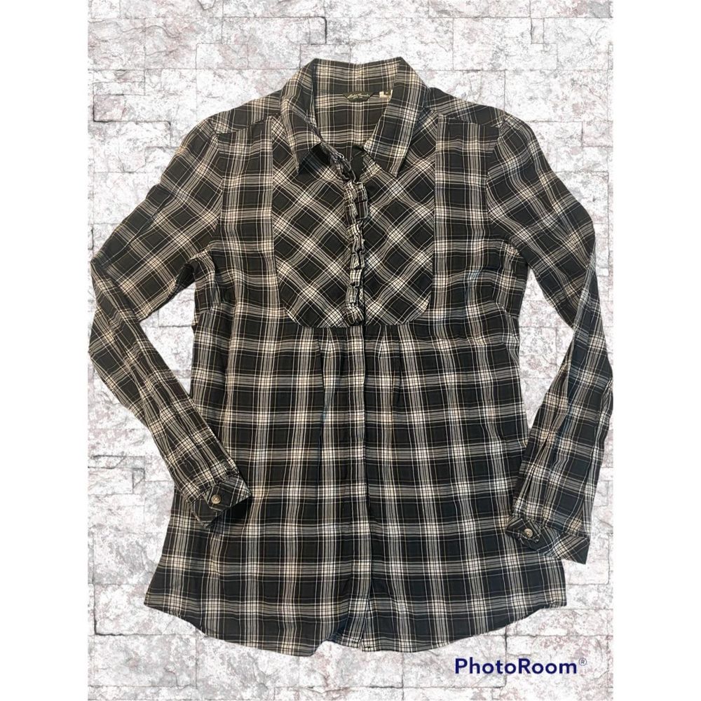 Eddie Bauer Ladies Blue Plaid Button Up, Front Detail Medium Cotton EUC